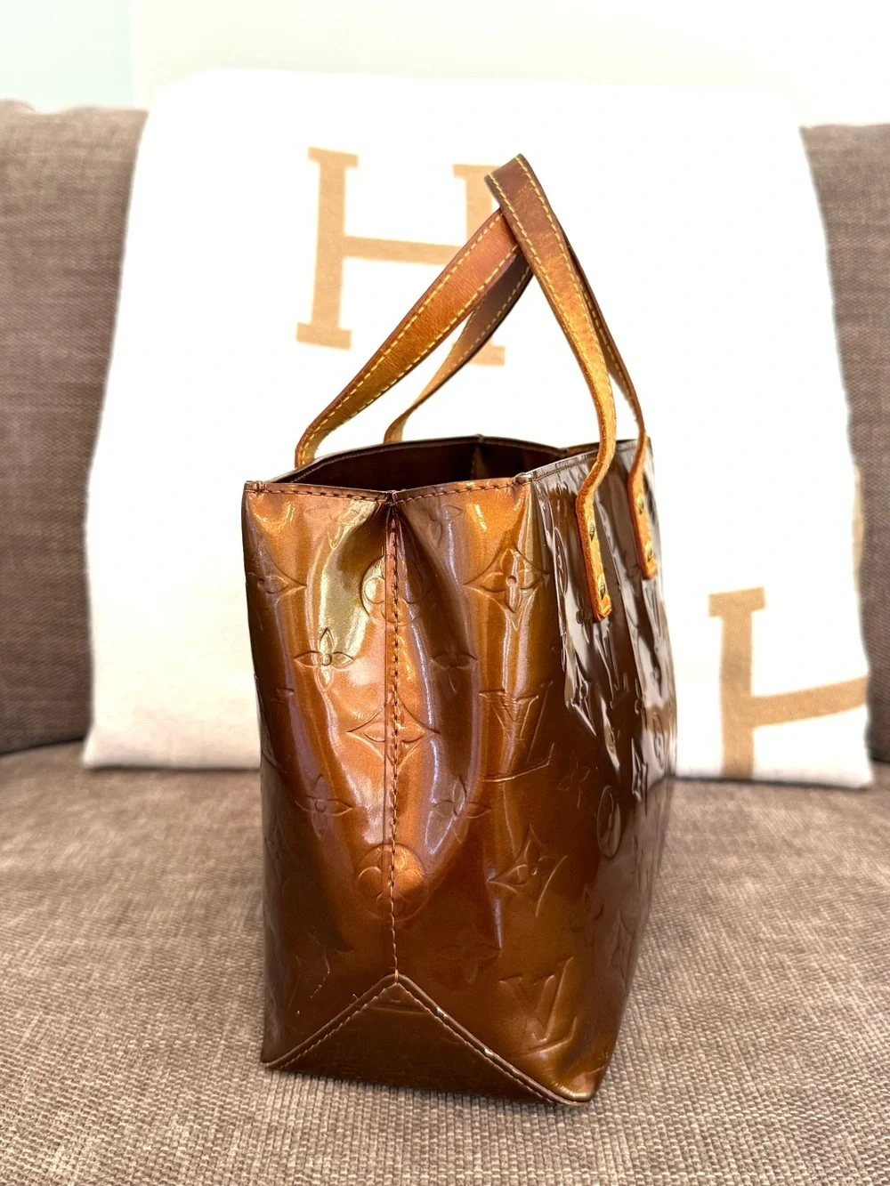 Authentic Louis Vuitton Vernis Reade PM bronze small tote bag brown gold LV